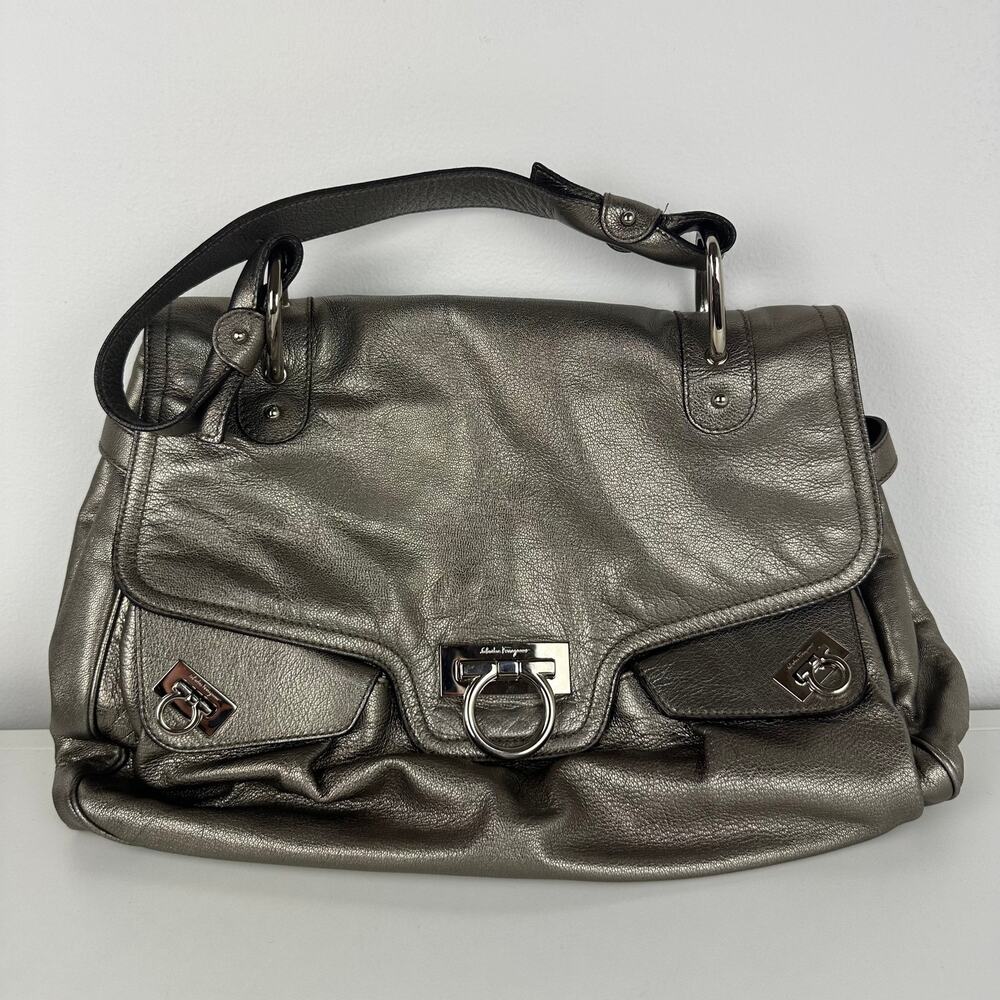 Salvatore Ferragamo Authentic Womens Bronze Leather Lock Closure Shoulder Bag